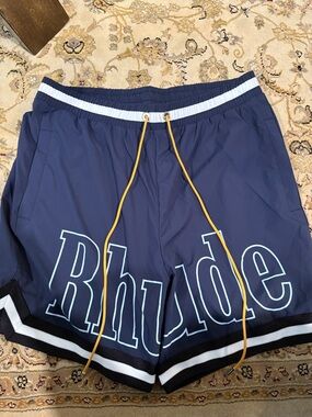 Rhude Navy Athletic Shorts with Yellow Drawcords